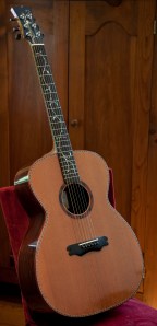 Cocobolo and redwood guitar featuring Redwood soundboard, cocobolo back and sides, geometric Rosette of Ebony and Cocobolo with black and red fiber detail, ebony bridge , fingerboard and headplate with coral purfling and ebony binding. gold MOP and abalone pearl vine inlay © Hand built by Jay Rosenblatt
