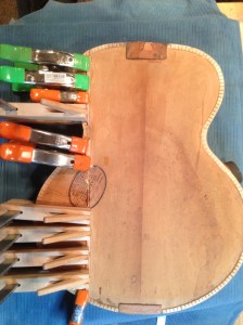 Split back repaired on 1937 Gibson L-4 Archtop