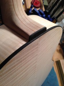 Rear view of Laminated Neck, heel joint. Neck is fitted for proper angle and playability.